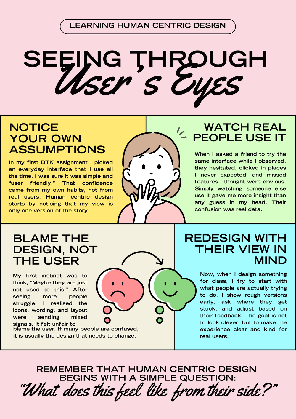 A hand-designed DTK1234 human-centric design infographic titled Seeing Through User’s Eyes