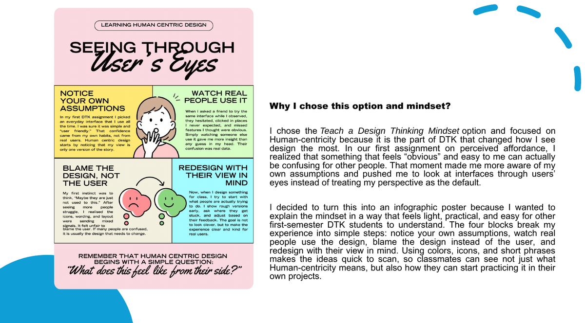 The revised DTK1234 deck showing the poster beside a first-person reflection written for a maths major
