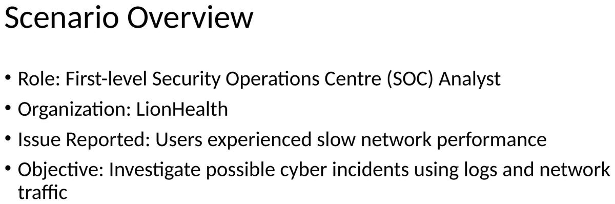 A slide from the Security Operations Centre investigation showing the LionHealth scenario overview