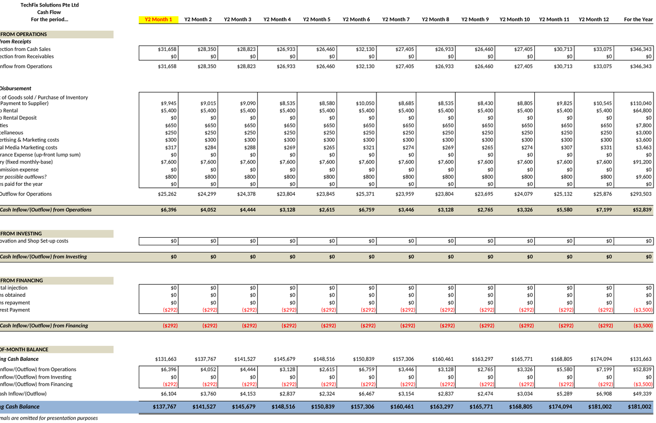 A full monthly pro-forma cash-flow statement in Excel showing operations, investing, financing and end-of-month balances